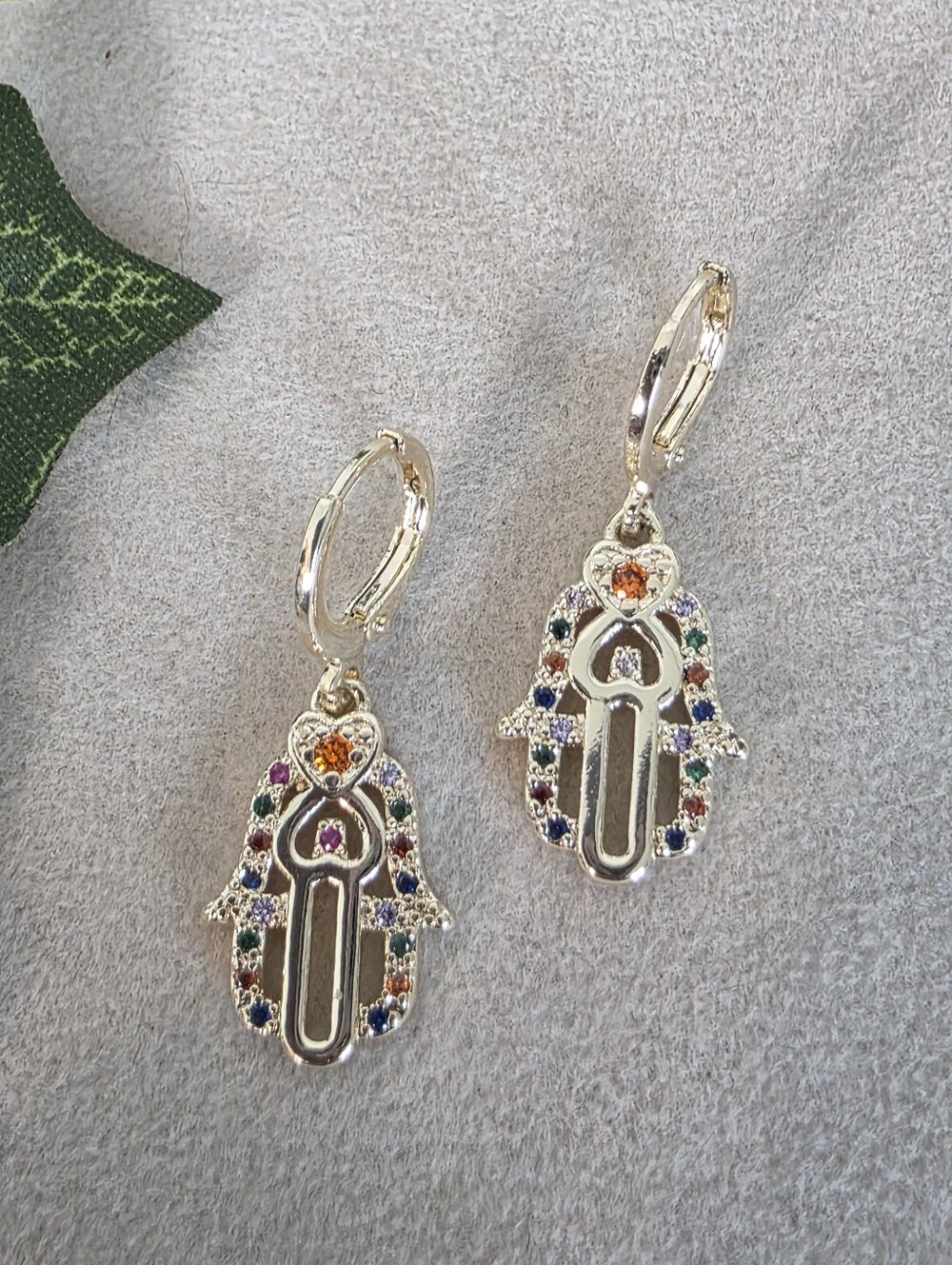 Gold Filled Rainbow CZ Hamsa Hand Huggie Drop Earrings Protection Jewelry